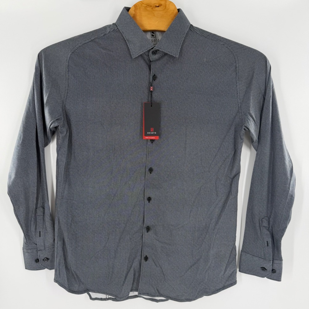 Desoto Mens Grey Micro Pattern Jersey Knit Button Down Shirt Kent 1/1 Size L